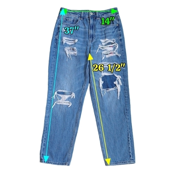 American Eagle Mom Straight Jean Distressed Plaid Panels 100% Cotton Retro-Look - Picture 2 of 14